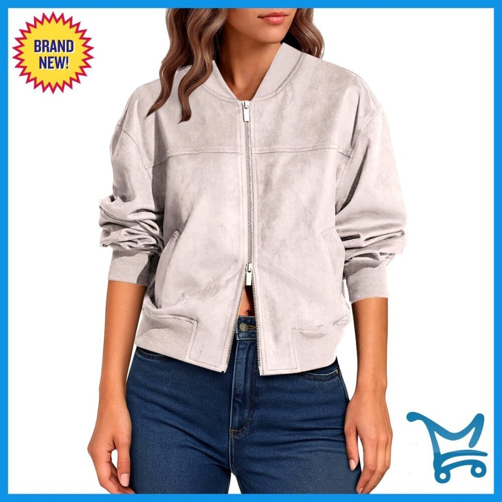 Faux Suede Bomber Jacket, Stand Collar, Cropped Fit, Zip Up, Fall Winter